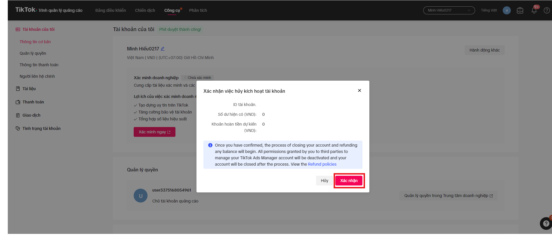 Màn hình xác nhận hủy kích hoạt tài khoản quảng cáo Tiktok