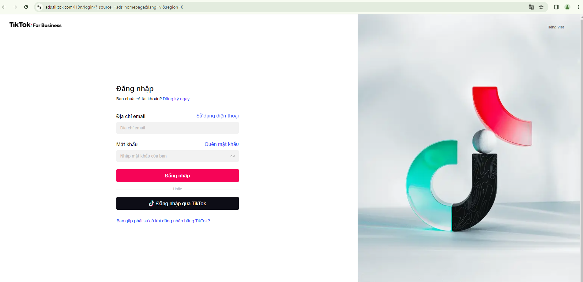 Đăng nhập vào tài khoản quảng cáo Tiktok